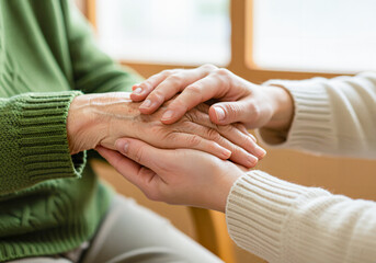 老人の手をさすってあげる優しい人