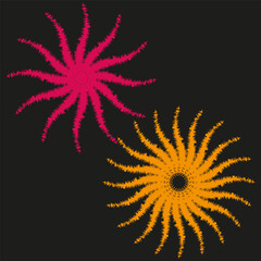 Vibrant spiral bursts. Pink orange flares. Abstract black background. Vector festive display.