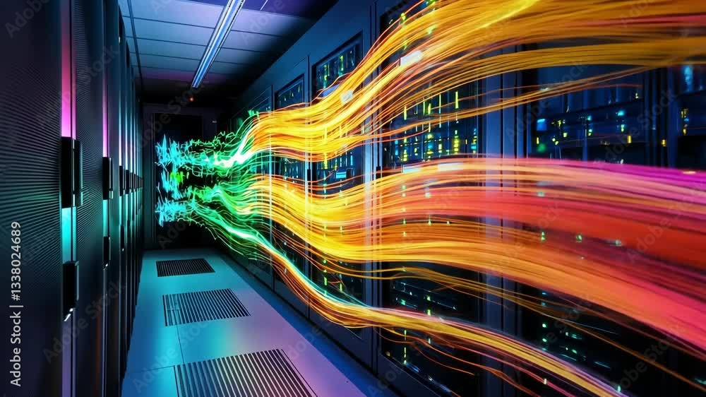 Poster data flows through advanced technology in a modern server room illuminated by vibrant colors