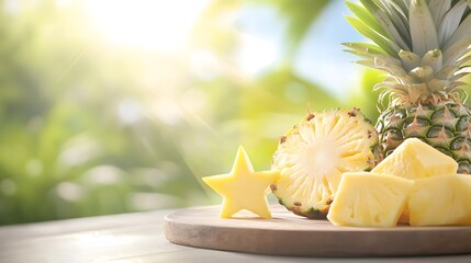 Slicing a fresh pineapple rustic wooden cutting board food photography bright outdoor setting close-up view tropical flavor