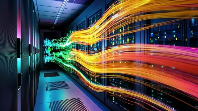 Data flows through advanced technology in a modern server room illuminated by vibrant colors