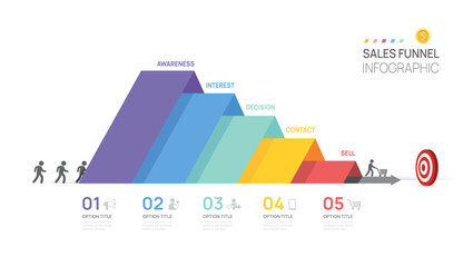 Sales funnel Infographic diagram template for business. Modern  arrow Timeline 5 steps, presentation vector infographics.