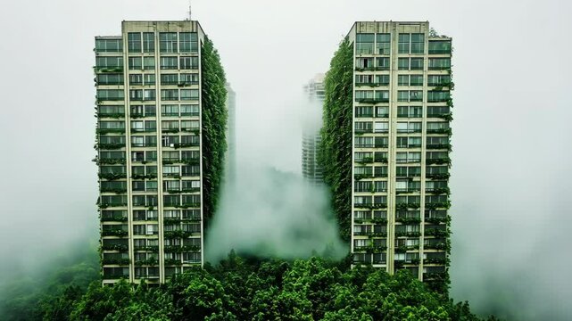 Urban apartment buildings partially covered in greenery amidst fog in a modern city