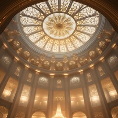 Obraz premium A luxurious ceiling adorned with intricate golden patterns and soft ambient lighting, casting an elegant glow across the room