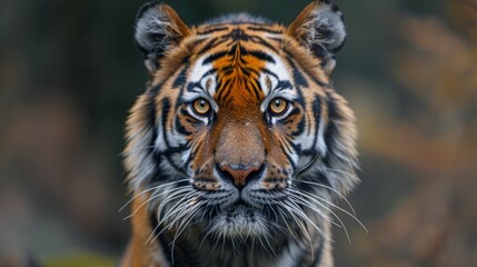 Fototapeta premium A tiger is staring at the camera with its eyes wide open