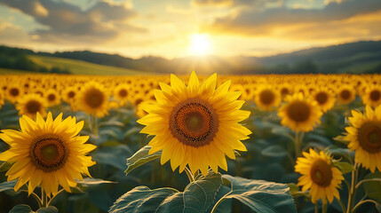 Fototapeta premium Sunflower field at sunset with rolling hills