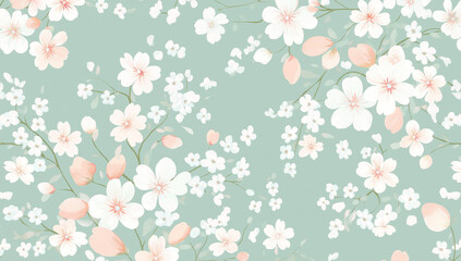 Soft Pink and White Floral Pattern on a Mint Green Background, Evoking the Fresh and Elegant Beauty of Spring