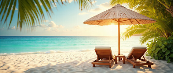 Fototapeta premium Tropical Beach Escape with Lounge Chairs and a Thatched Umbrella at Sunset