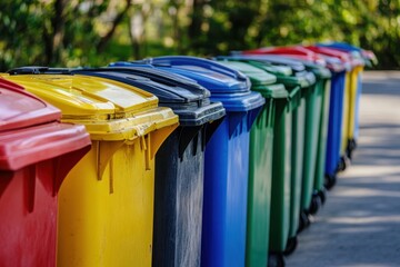 Row of Trash Cans with Colorful Lids for Efficient Waste Sorting
