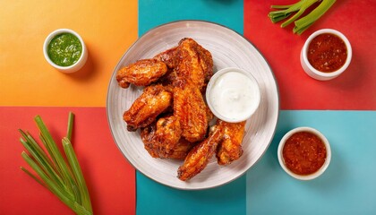 Grilled chicken wings marinated in a spicy buffalo sauce on vibrant color table
