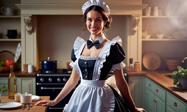Smiling Woman Dressed as a French Maid Standing in a Cozy Kitchen