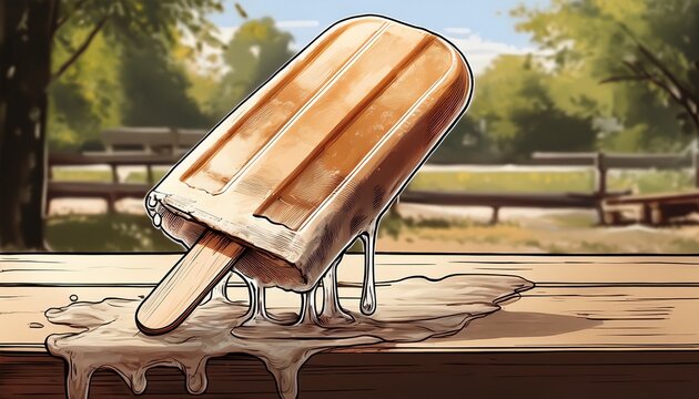 Soft sketch-style illustration of a melting popsicle dripping onto a wooden picnic table, with subtle pastel colors, gentle shadows, and a playful summer vibe.