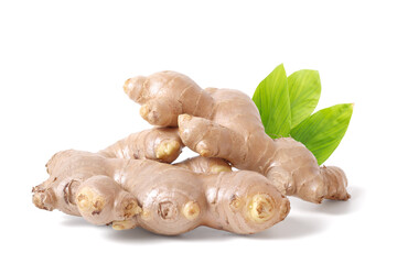 Fresh ginger with green leaves placed on the back. 