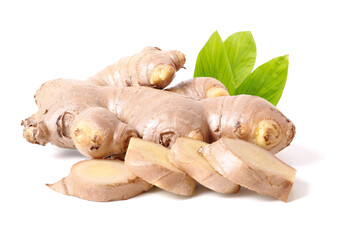 fresh ginger slices with green leaves. isolated on white background.
