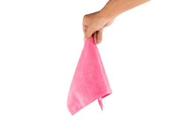 Male hand holding a pink cleaning cloth isolated no background