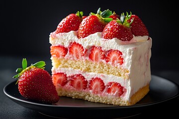 Delicious Strawberry Shortcake Slice Whipped Cream Fresh Berries Dessert