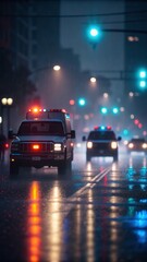 Fototapeta premium Emergency Vehicles Navigate Through Wet Streets on a Rainy Night in a City Scene Generative AI