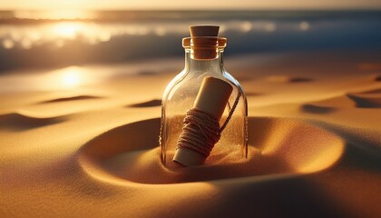 Soft-focus 3D render of a glass bottle with a rolled-up message inside, half-buried in golden sand, gentle sunlight, subtle reflections, serene beach atmosphere.