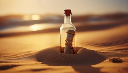 Soft-focus 3D render of a glass bottle with a rolled-up message inside, half-buried in golden sand, gentle sunlight, subtle reflections, serene beach atmosphere.