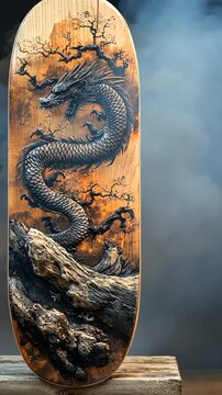 Intricate Black Dragon Wood Carving Against Smoky Background