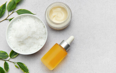 Magnesium flakes, body oil and cream creating relaxing spa kit