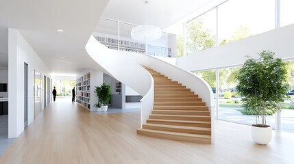 Modern Minimalist Home Interior with Curved Wooden Staircase and Large Windows