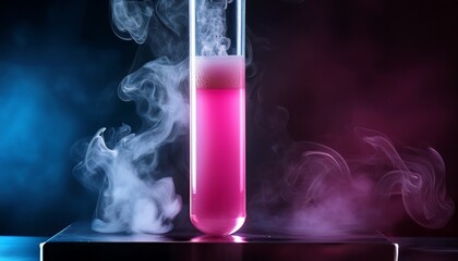 A single test tube with liquid undergoing a chemical reaction, changing from clear to bright pink, bubbles forming, soft glowing reflections, laboratory setting.