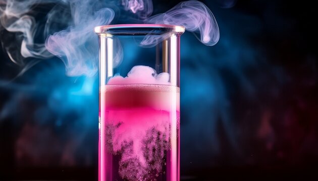 A single test tube with liquid undergoing a chemical reaction, changing from clear to bright pink, bubbles forming, soft glowing reflections, laboratory setting.