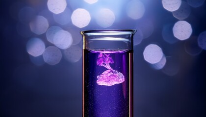 A single test tube containing vibrant purple liquid, with a small glowing, floating substance inside, soft reflections on glass, subtle laboratory background.