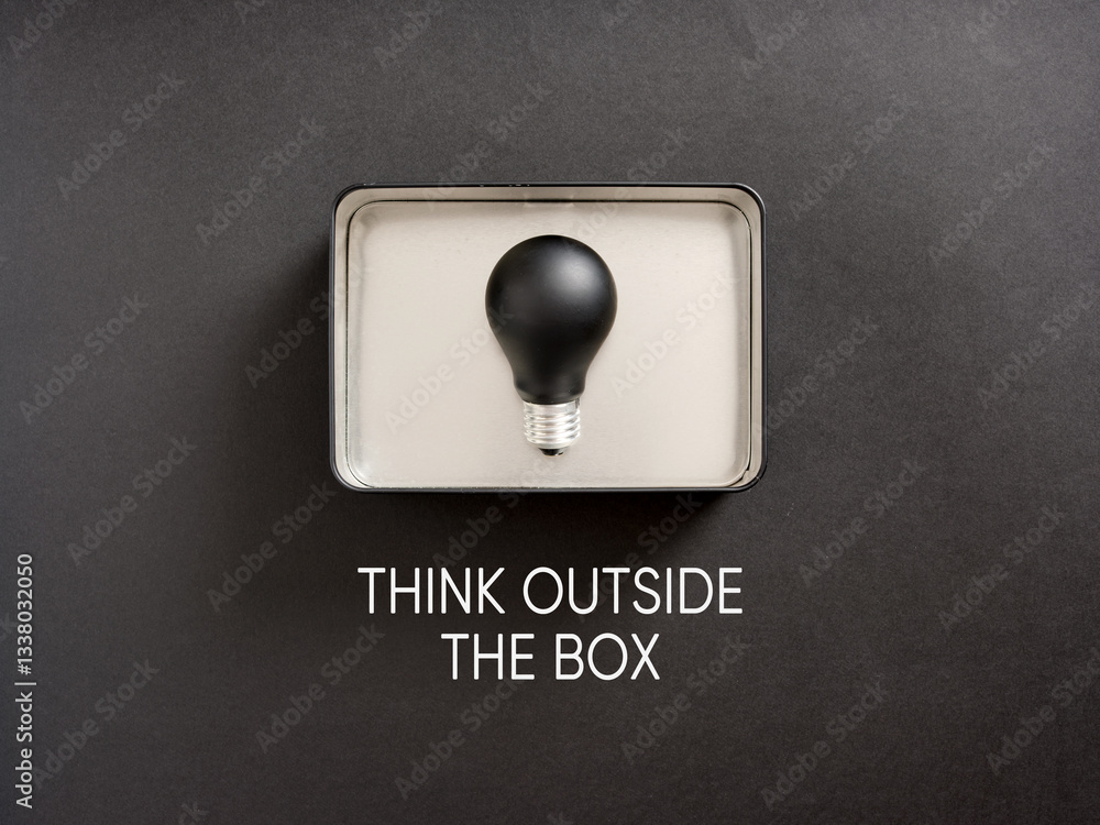 Poster black lightbulb inside a metallic box on a black background with think outside the box text
