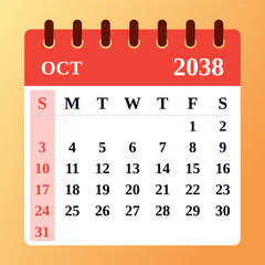 October 2038 Calendar Template for event planning. Simple and stylish vector illustration