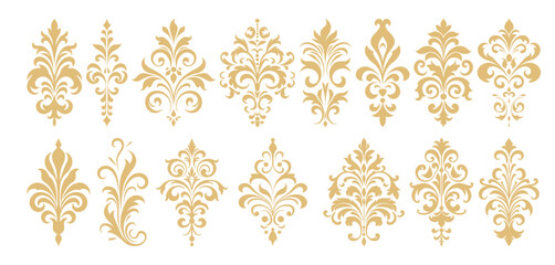 Assortment of golden damask ornamentation on white background decoration