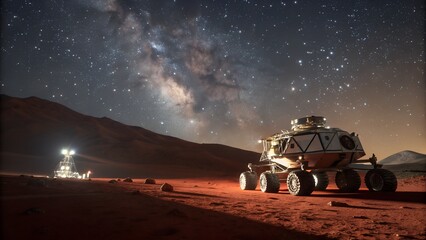 Celestial Exploration: A futuristic rover and research station stand on the reddish surface of an alien planet under a star-filled night sky.