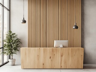 A modern wooden reception desk in an office lobby setting