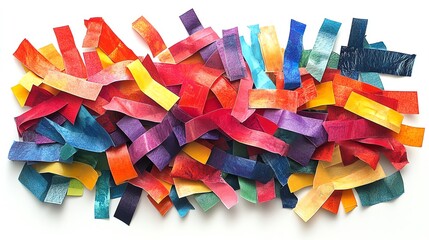 Scattered Colorful Paper Strips Creating Abstract Pattern on White Background