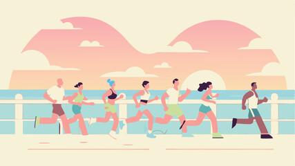 A group of friends jogging along the coast against the backdrop of a sunset creates an atmosphere of freedom and energy. The image conveys the spirit of an active lifestyle.