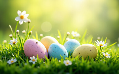 Fototapeta premium Colorful speckled Easter eggs are nestled in vibrant green grass surrounded by white daisy flowers. Sunlight filters through, creating a bright, festive spring scene.