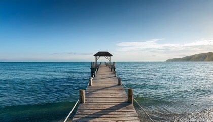 Fototapeta premium A tiny wooden pier stretching into a calm ocean, gentle waves softly lapping at the shore, serene atmosphere with pastel sky reflections on the water.
