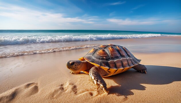 A tortoise with a beautifully textured shell slowly making its way across a golden sandy beach, warm sunlight highlighting patterns on its shell and soft sand details.