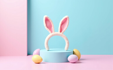 Pastel Easter scene with bunny ears on a blue platform surrounded by colorful eggs. Soft minimalist aesthetic in pink and blue tones for a spring holiday.