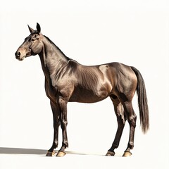 Obraz premium A mule standing tall, strong muscles visible, soft shadows, side profile, white backdrop 