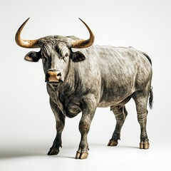 Naklejka premium A muscular bull with curved horns, powerful presence, strong side lighting, full-body shot, white backdrop. 