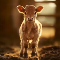 Fototapeta premium A newborn calf standing on wobbly legs, soft warm light, centered composition 