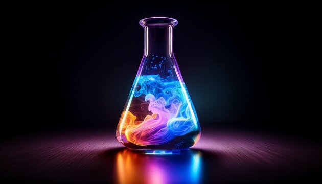A transparent high-tech lab flask with a swirling, colorful chemical reaction inside, glowing softly with futuristic light reflections.