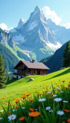 Alpine chalet nestled in vibrant green meadow, majestic peaks rising , scenery, summer, austrian