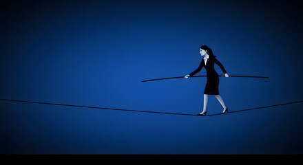 businesswoman walking tightrope silhouette balancing act unknown future courage concept	
