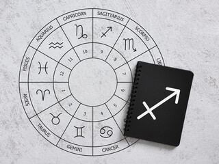 Zodiac Wheel with Sagittarius Sign on Notebook and Concrete Background