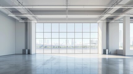 A large, empty room with a window and a view of the city