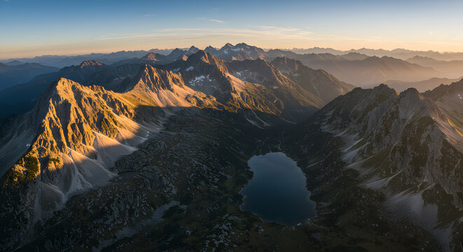 Aerial View of Mountain Lake with Rugged Peaks at Golden Hour