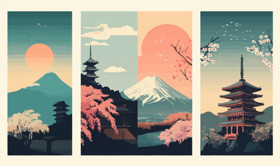 Fototapeta premium Retro Japan Travel Posters Featuring Osaka, Kyoto, Fuji Mountain, and Sakura Blooms